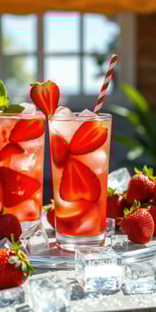 Refreshing strawberry drinks served with ice and mint in a bright setting photo