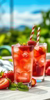 Refreshing strawberry drinks served on a sunny day in a garden setting with bright greenery and vibrant colors photo