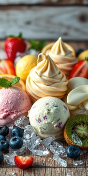 Delicious assortment of colorful ice creams and desserts displayed on a wooden surface with fresh fruits and ice photo