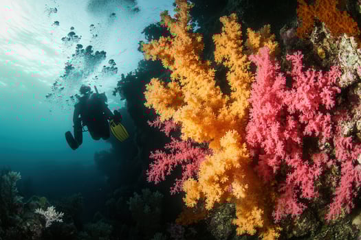 Diver exploring vibrant coral reef underwater. photo