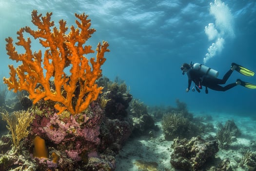 Diver exploring vibrant coral reef underwater. photo