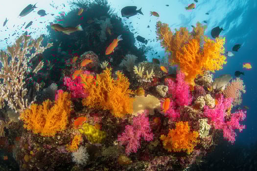 Vibrant coral reef teeming with colorful marine life. photo
