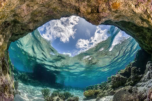 Underwater view through a coral arch, showcasing nature. photo