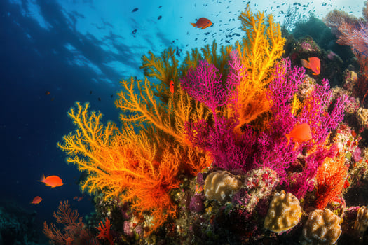 Vibrant coral reef teeming with colorful marine life. photo