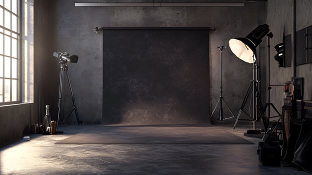 A dark room with a black backdrop and a white light photo