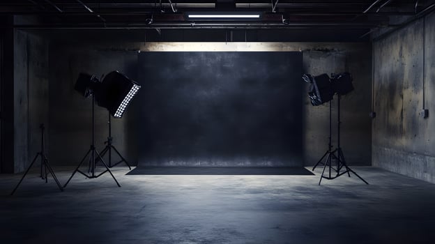 A dark room with three lights and a black backdrop photo