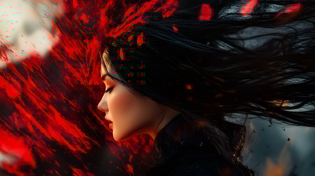 A woman with long black hair and red lips photo
