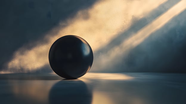 A black ball is sitting on a table in front of a window photo
