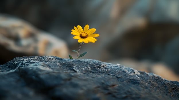 A small yellow flower is growing on a rock photo