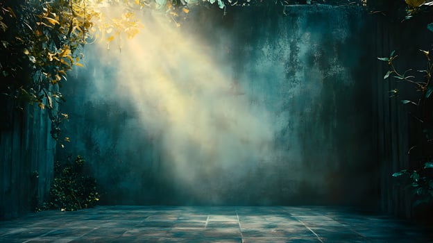 A dark room with a wall and a tree in the background photo