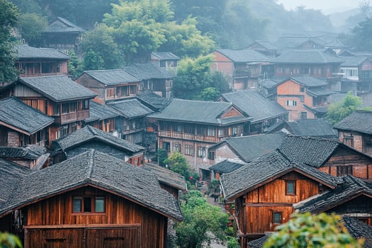 A village in china with wooden houses photo