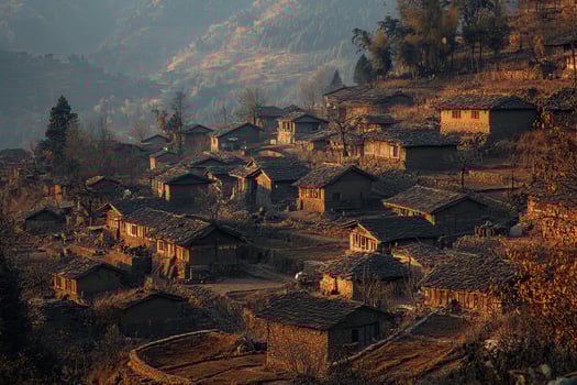 Hillside village at sunset, showing traditional houses. photo