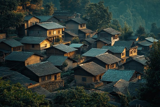 Hillside village at sunrise, showcasing traditional architecture and dense housing. photo