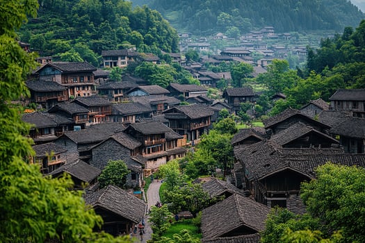 Aerial view of a traditional village nestled in a lush green valley. photo