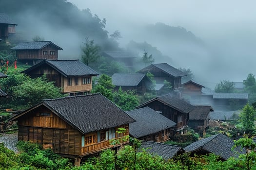 Misty mountain village with traditional wooden houses. photo