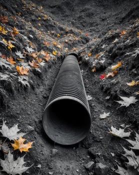 A black and white photo of a pipe in the ground