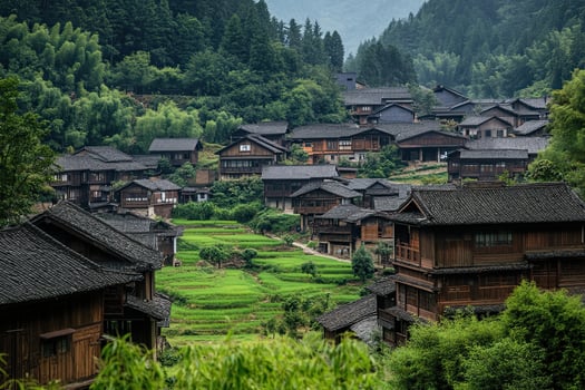 Lush green valley with traditional wooden houses. photo