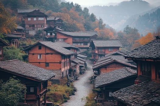 Misty mountain village with traditional houses and autumn foliage. photo