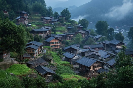 Misty mountain village with traditional houses nestled on hillside. photo