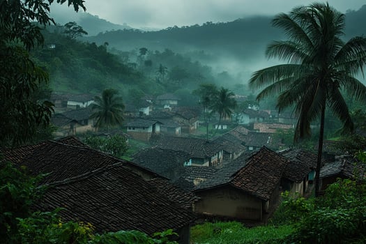 Misty mountain village with traditional houses and lush greenery. photo