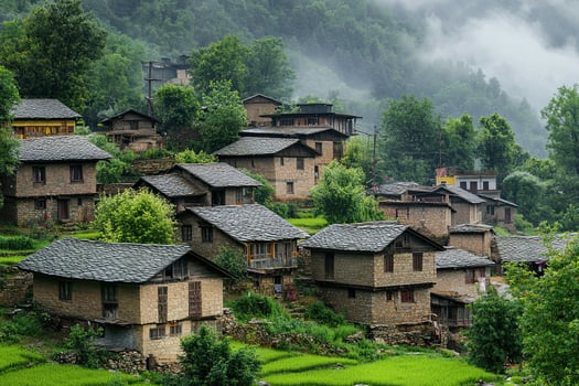 Misty mountain village with traditional stone houses and terraced rice fields. photo