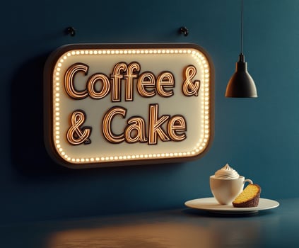 Illuminated coffee and cake sign hanging on a textured teal wall photo