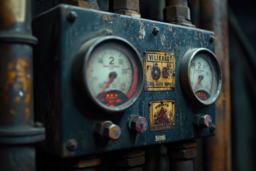 Old analog gauges and valves measuring pressure and temperature in industrial setting photo