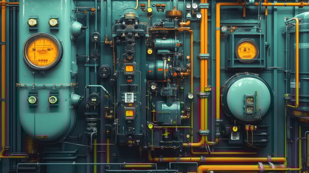 Complex industrial system showing pipes, valves, and gauges, capturing manufacturing process photo