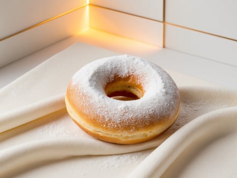 Delicious Classic Powdered Sugar Donut Resting on a Soft Surface with a Beautifully Simple Design photo