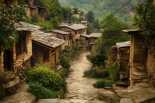 Stone village street, houses, flowers, pathway, hills, mountains, nature. photo