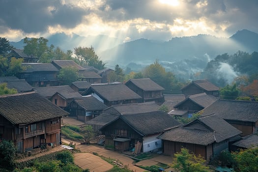 Sunbeams illuminate a mountain village with traditional houses. photo