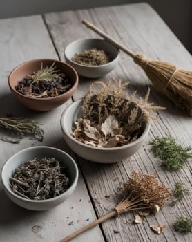 Magical dried herbs arranged in rustic bowls on wooden surface with broom and loose herbs photo