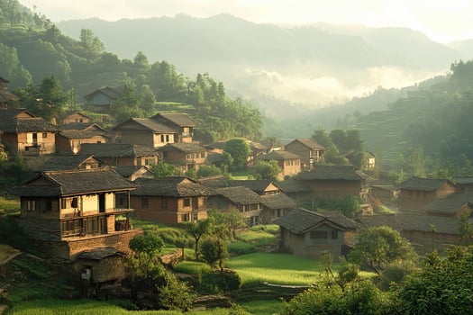 Sunlit hillside village nestled in green mountains. photo
