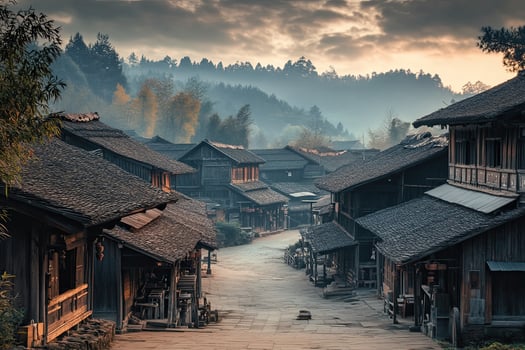 Misty sunrise over a quaint, ancient village with traditional wooden houses and stone streets. photo