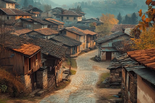 Picturesque cobblestone street in a historic village, surrounded by traditional stone houses with autumn foliage. photo