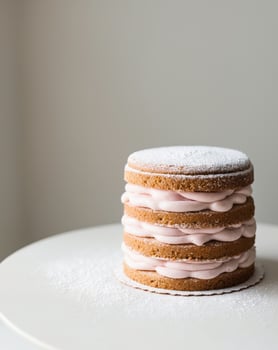 Delicate Layered Cake with Pink Cream Filling and Powdered Sugar photo