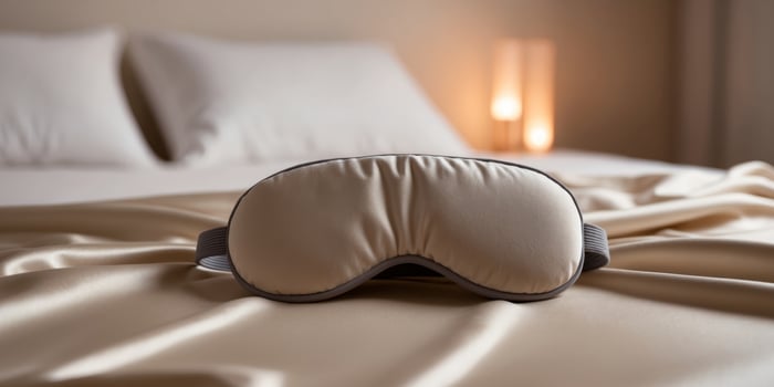 A cozy bedroom scene plush sleep mask on smooth bedding for ultimate nighttime relaxation photo