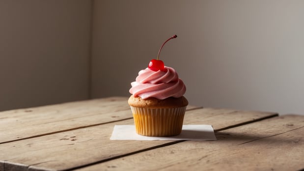 A cupcake with pink frosting on top on a wooden table photo