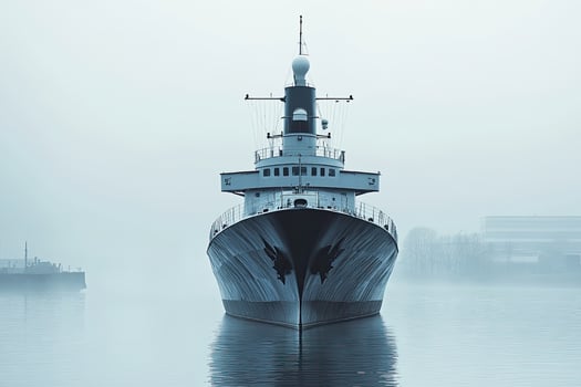 A foggy scene featuring a large ship on calm waters. photo