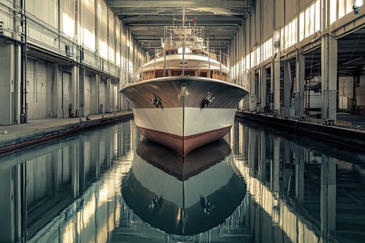 A luxury yacht docked in a spacious industrial area. photo