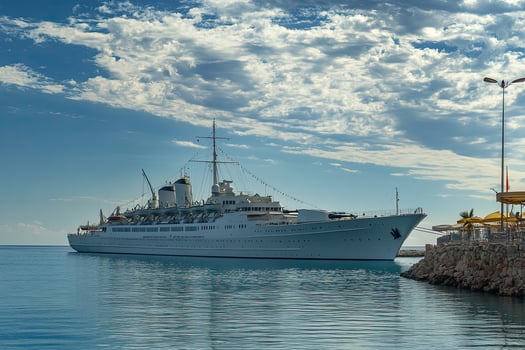 A large white ship docked at a serene waterfront. photo