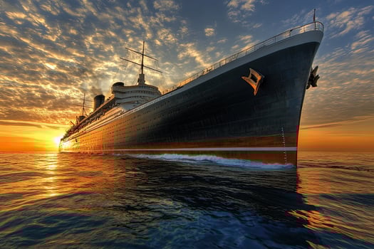 A majestic ship at sunset on calm waters. photo