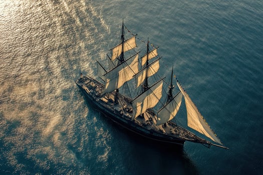 Aerial view of a majestic sailing ship on calm waters. photo