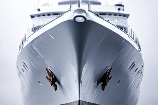 Front view of a sleek yacht in a serene environment. photo