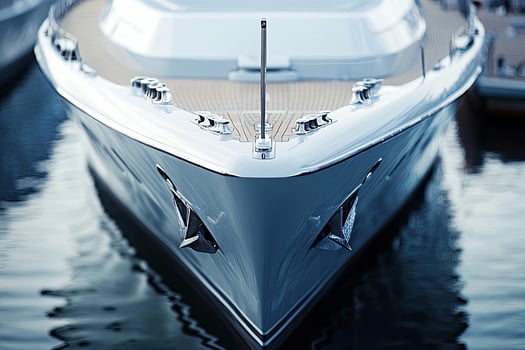 Sleek yacht bow reflecting on calm water surface. photo