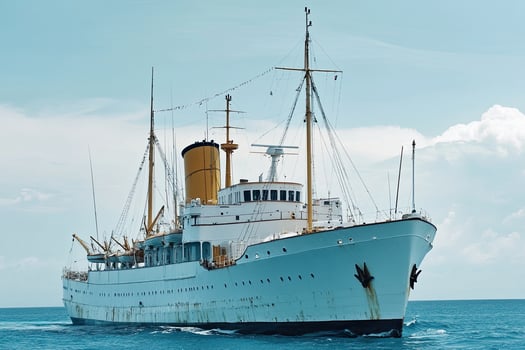 Vintage ship sailing on calm waters under a blue sky. photo