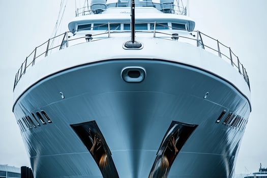 Front view of a sleek yacht docked in a harbor. photo