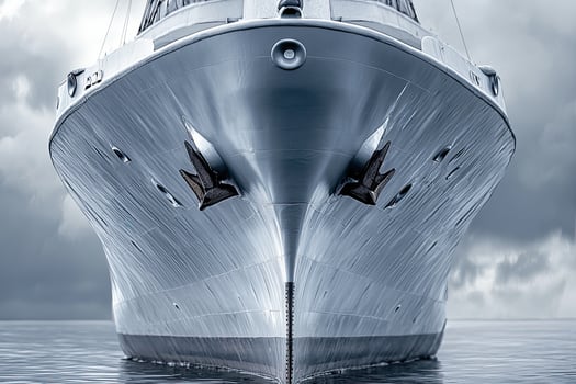 Front view of a sleek ship against a cloudy sky. photo