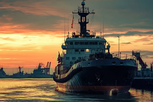 Tugboat navigating through a harbor at sunset. photo