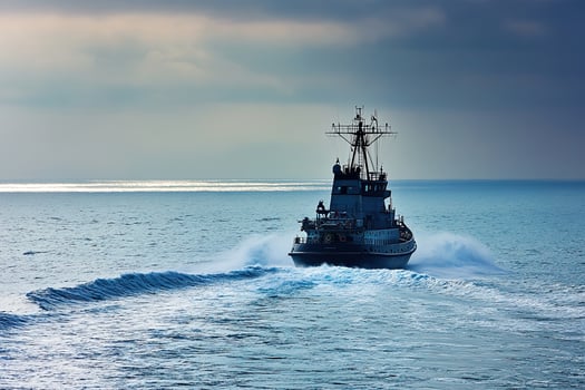 Tugboat navigating through calm waters under a cloudy sky. photo